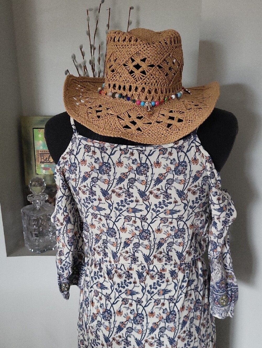 Western Cowgirl Straw Sun Hat with Beaded Accent - Tan - Picture 6 of 14